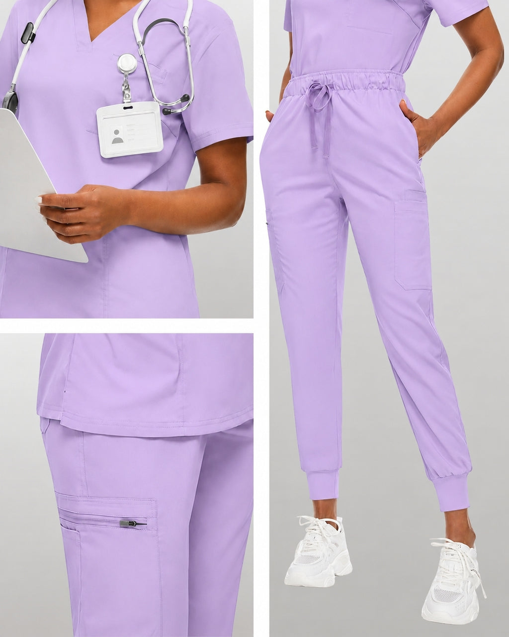 Women's Premium Comfort V-Neck Scrubs Set – Stretch Top & Cargo Pocket Jogger Pants, 10 Colors