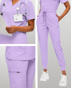 Women's Premium Comfort V-Neck Scrubs Set – Stretch Top & Cargo Pocket Jogger Pants, 10 Colors