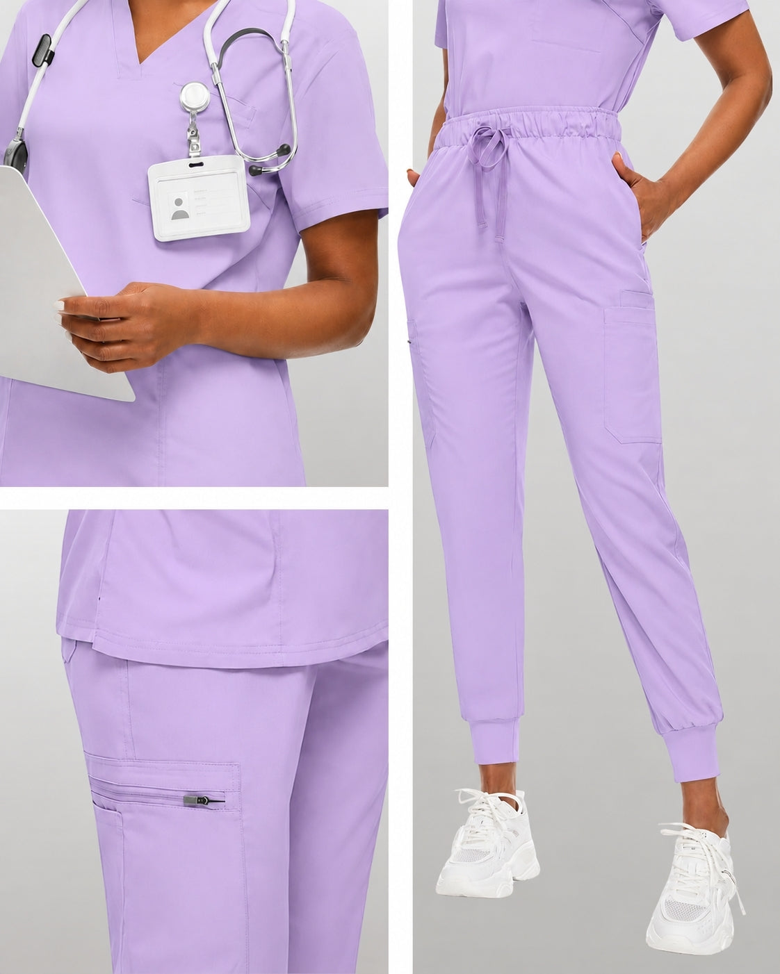 Women's Premium Comfort V-Neck Scrubs Set – Stretch Top & Cargo Pocket Jogger Pants, 10 Colors