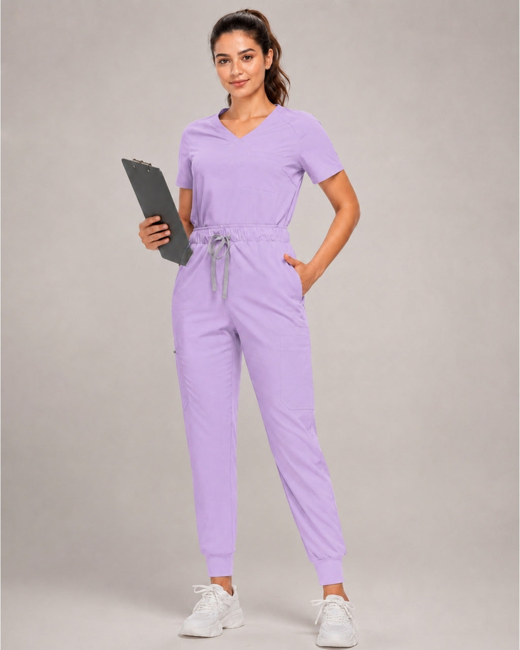 Women's Premium Comfort V-Neck Scrubs Set – Stretch Top & Cargo Pocket Jogger Pants, 10 Colors