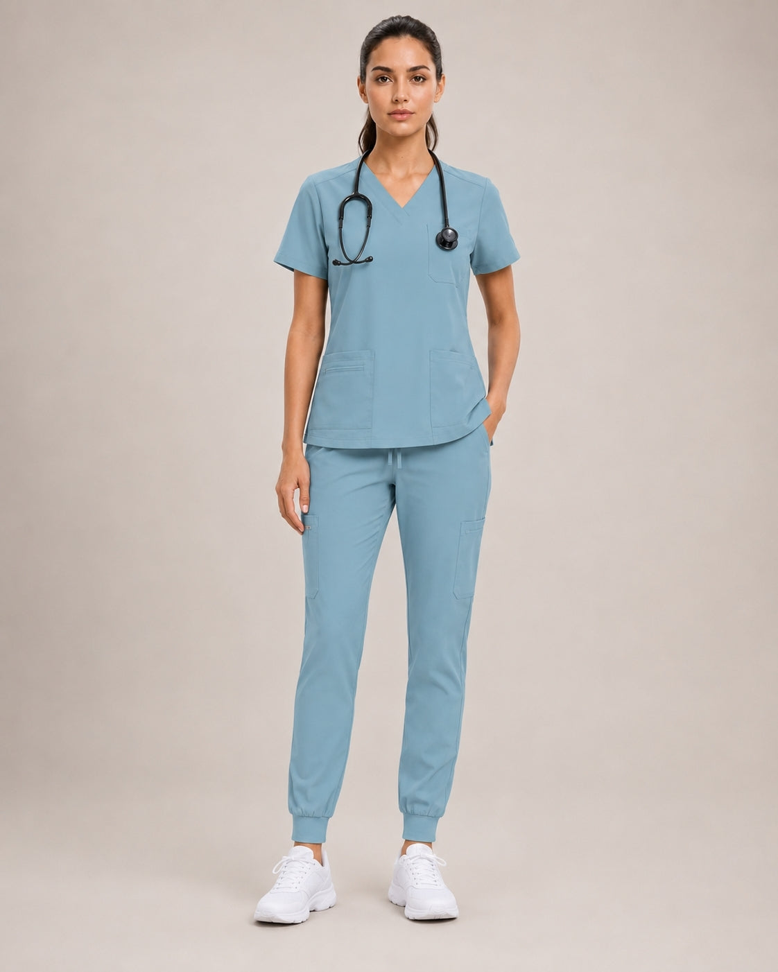 Women's Premium Comfort V-Neck Scrubs Set – Stretch Top & Cargo Pocket Jogger Pants, 10 Colors