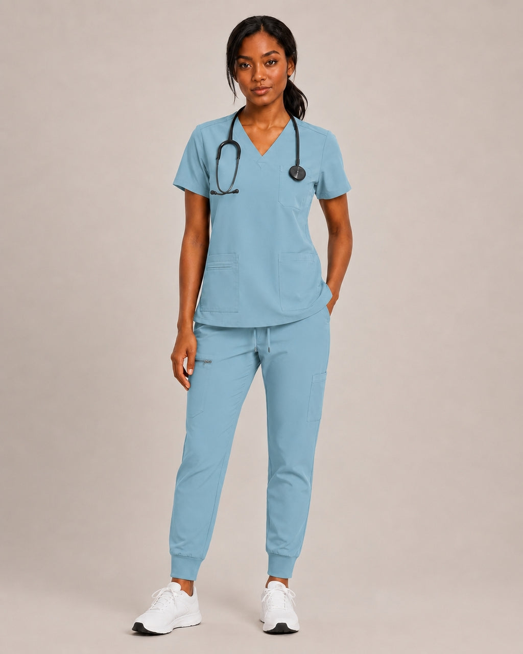 Women's Premium Comfort V-Neck Scrubs Set – Stretch Top & Cargo Pocket Jogger Pants, 10 Colors