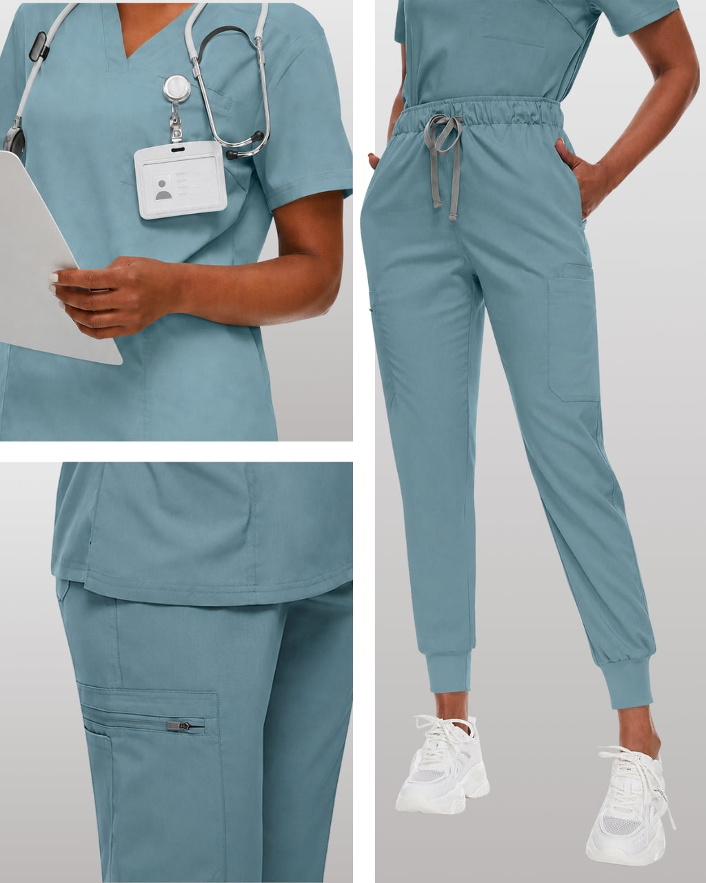 Women's Premium Comfort V-Neck Scrubs Set – Stretch Top & Cargo Pocket Jogger Pants, 10 Colors