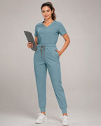 Women's Premium Comfort V-Neck Scrubs Set – Stretch Top & Cargo Pocket Jogger Pants, 10 Colors