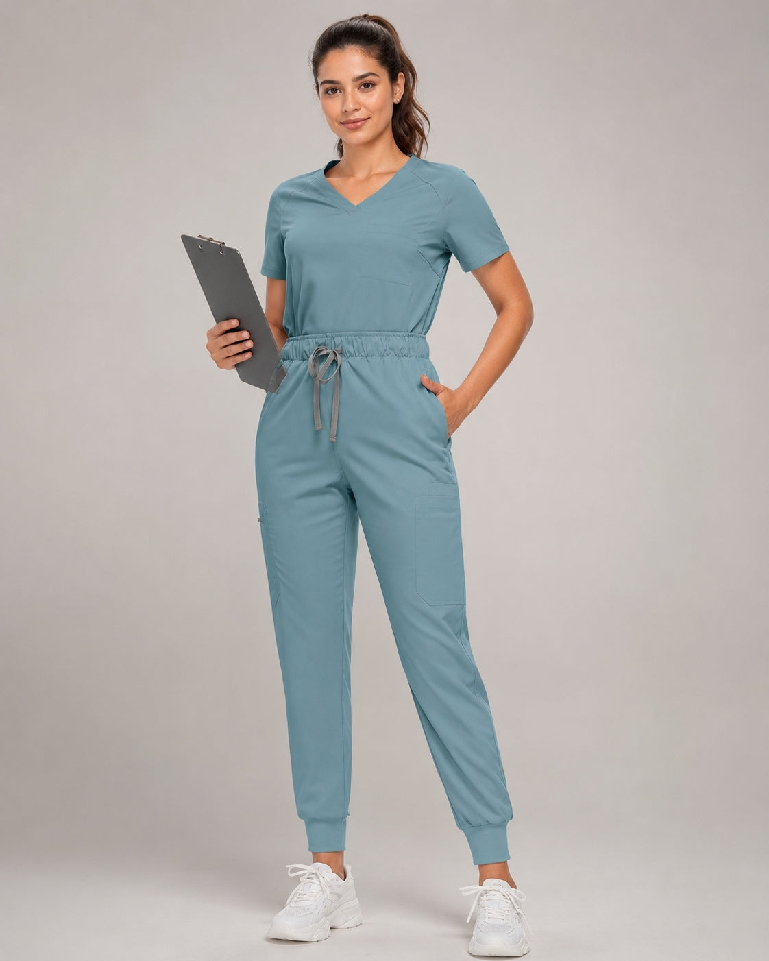 Women's Premium Comfort V-Neck Scrubs Set – Stretch Top & Cargo Pocket Jogger Pants, 10 Colors