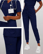 Women's Premium Comfort V-Neck Scrubs Set – Stretch Top & Cargo Pocket Jogger Pants, 10 Colors