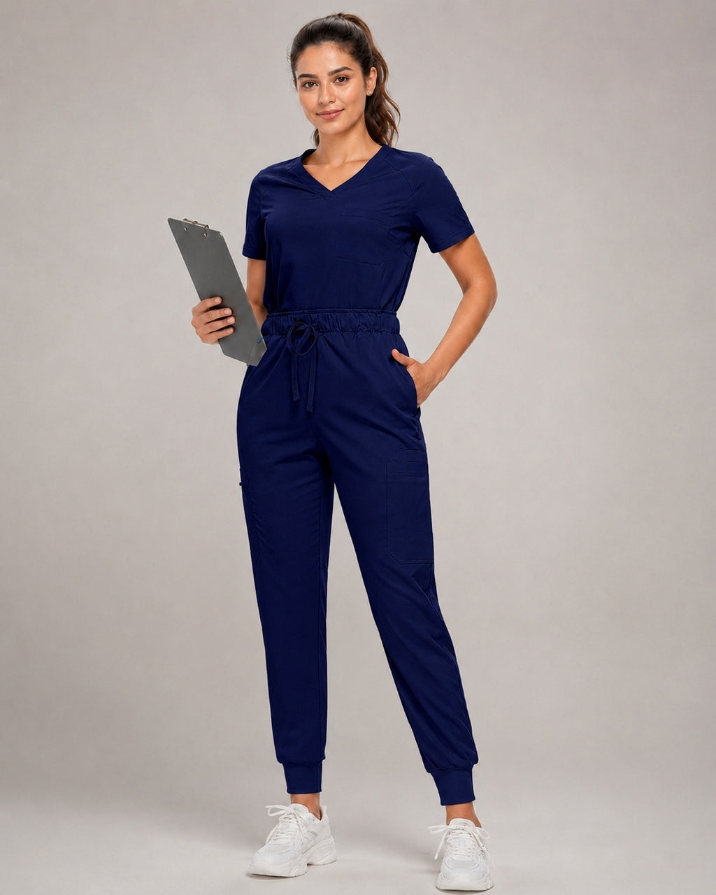 Women's Premium Comfort V-Neck Scrubs Set – Stretch Top & Cargo Pocket Jogger Pants, 10 Colors