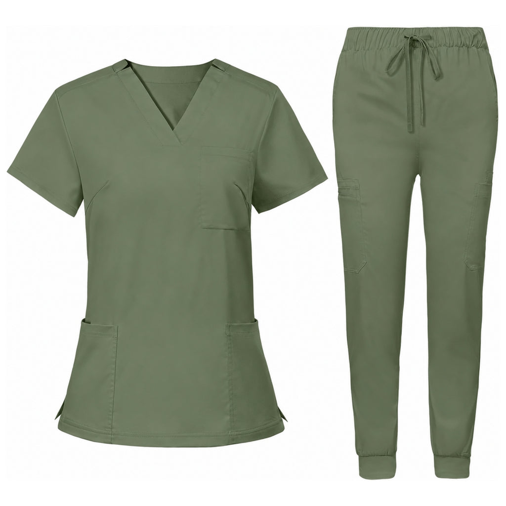 Women's Premium Comfort V-Neck Scrubs Set – Stretch Top & Cargo Pocket Jogger Pants, 10 Colors