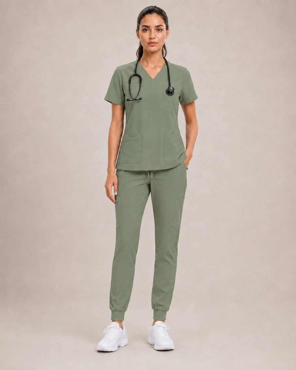 Women's Premium Comfort V-Neck Scrubs Set – Stretch Top & Cargo Pocket Jogger Pants, 10 Colors