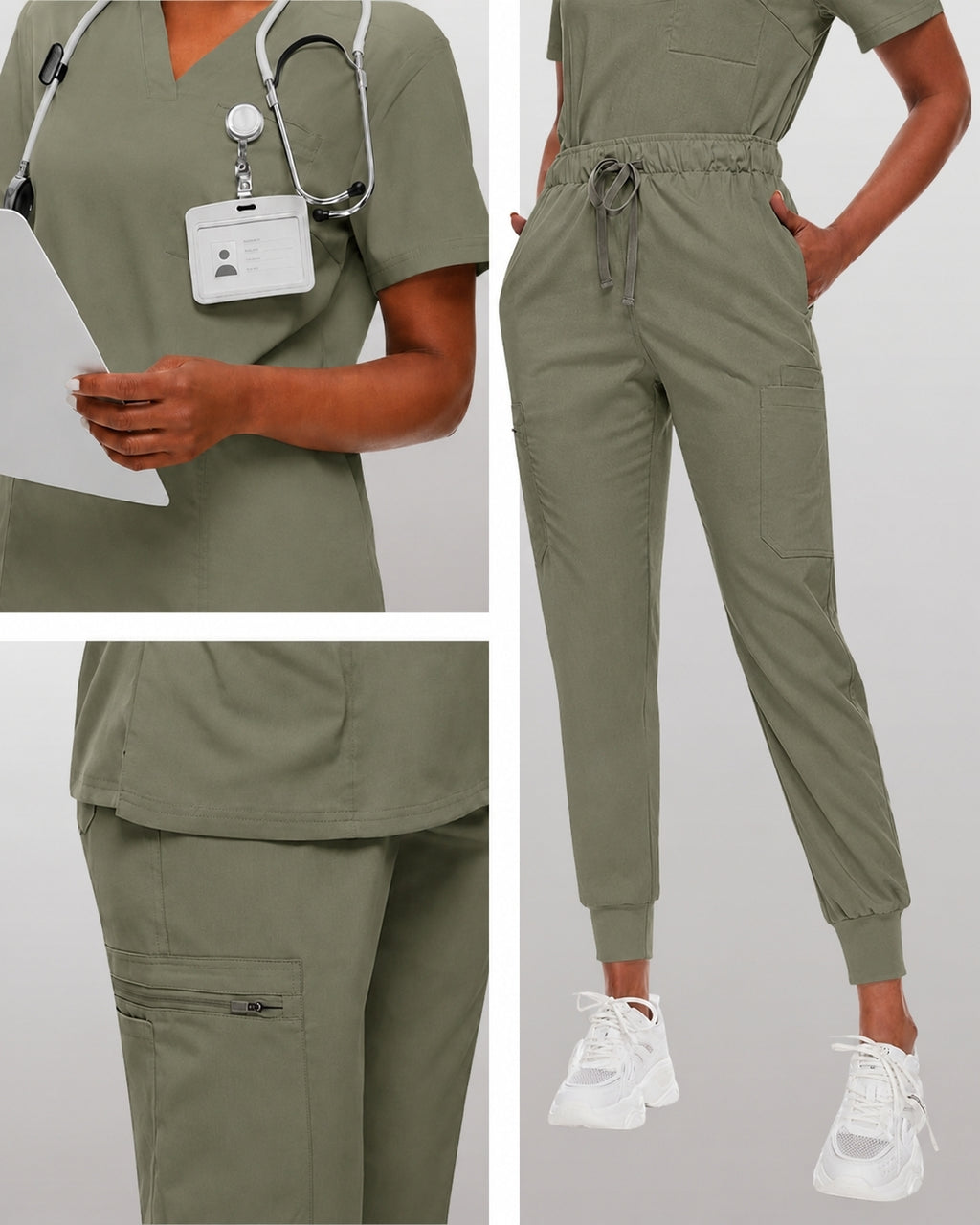 Women's Premium Comfort V-Neck Scrubs Set – Stretch Top & Cargo Pocket Jogger Pants, 10 Colors