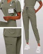 Women's Premium Comfort V-Neck Scrubs Set – Stretch Top & Cargo Pocket Jogger Pants, 10 Colors
