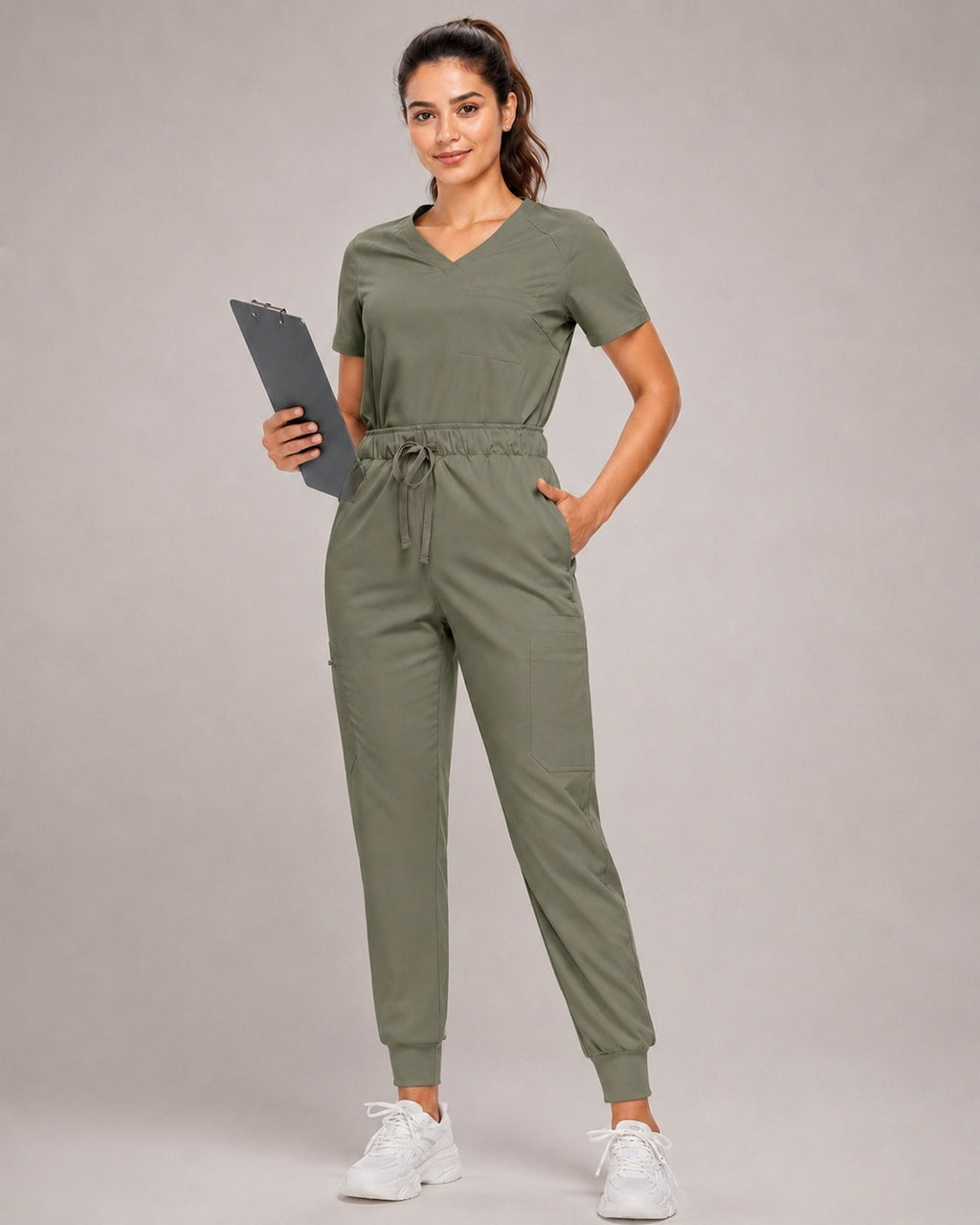 Women's Premium Comfort V-Neck Scrubs Set – Stretch Top & Cargo Pocket Jogger Pants, 10 Colors