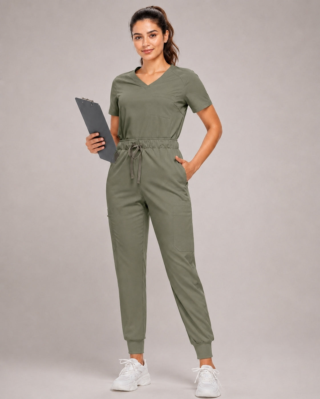 Women's Premium Comfort V-Neck Scrubs Set – Stretch Top & Cargo Pocket Jogger Pants, 10 Colors