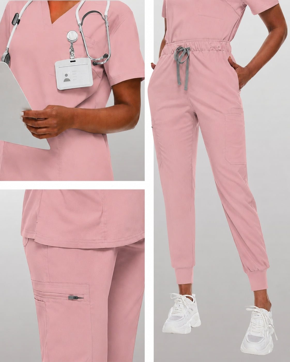 Women's Premium Comfort V-Neck Scrubs Set – Stretch Top & Cargo Pocket Jogger Pants, 10 Colors