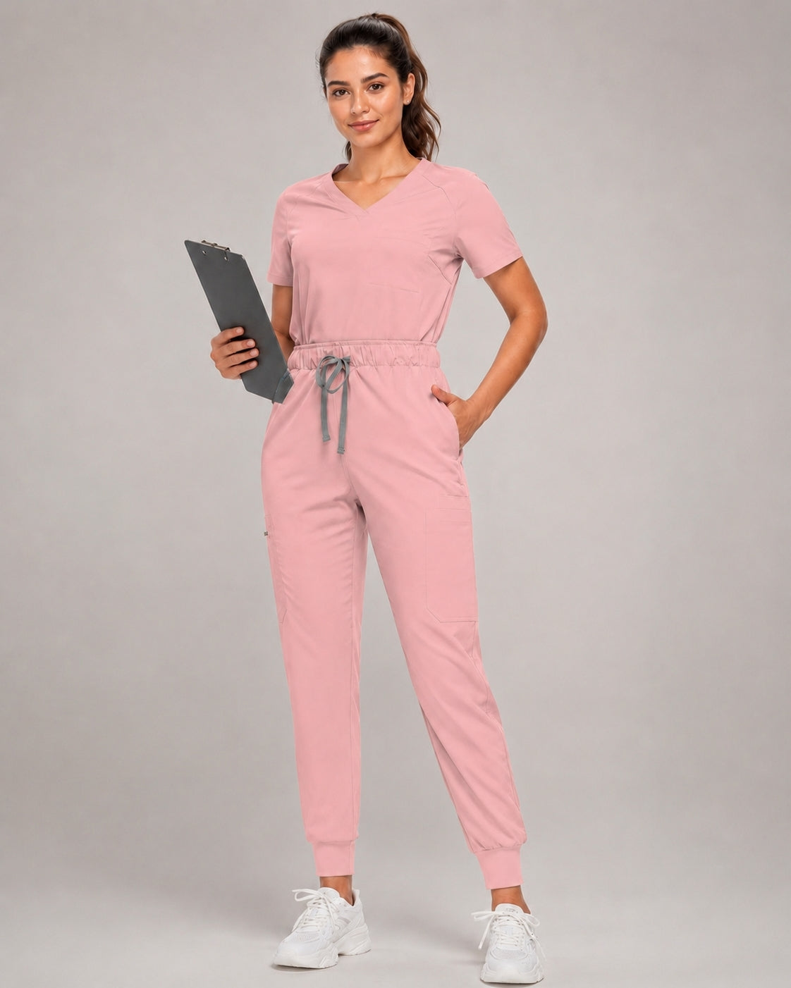 Women's Premium Comfort V-Neck Scrubs Set – Stretch Top & Cargo Pocket Jogger Pants, 10 Colors