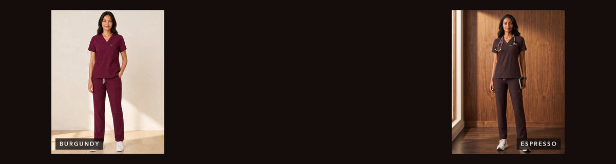 Women's scrub sets in Burgundy and Espresso, The Fall Shift