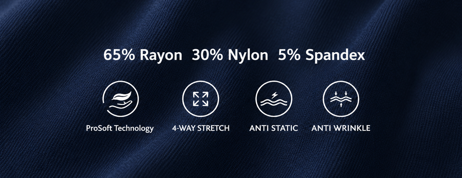 Navy fabric with text and icons detailing fabric composition and features.