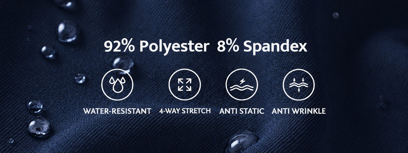 Textile fabric with water droplets and feature icons on a dark background